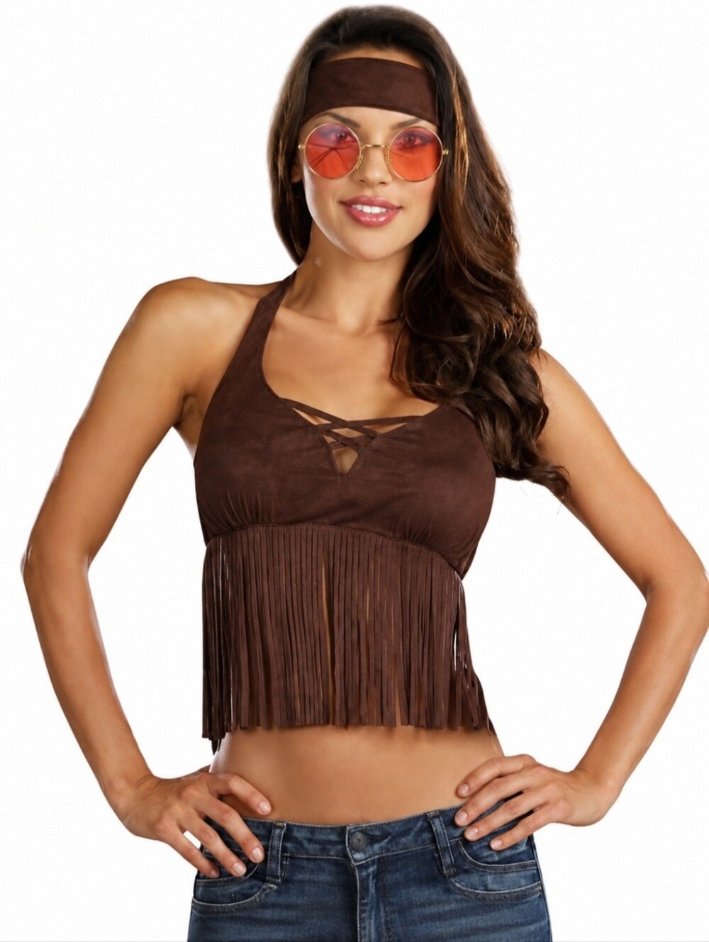 3 Piece Costume Dreamgirl Brown Fringe Halter Top Headband & Glasses Size S/M